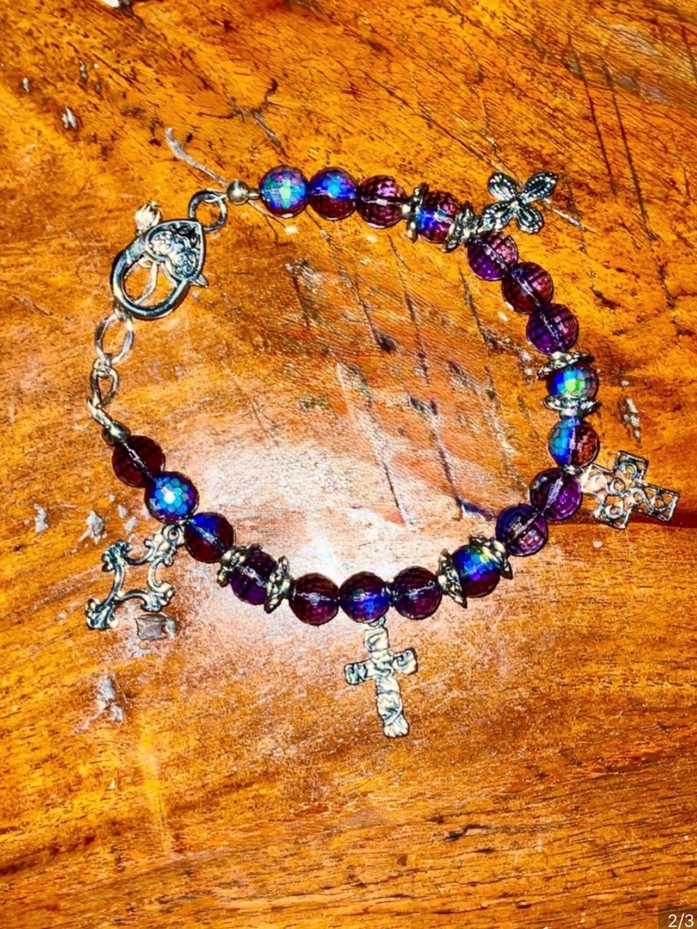 Custom Deep Amethyst Color Crystal & Cross Bracelet & Earring Set Sz S/M  NWT